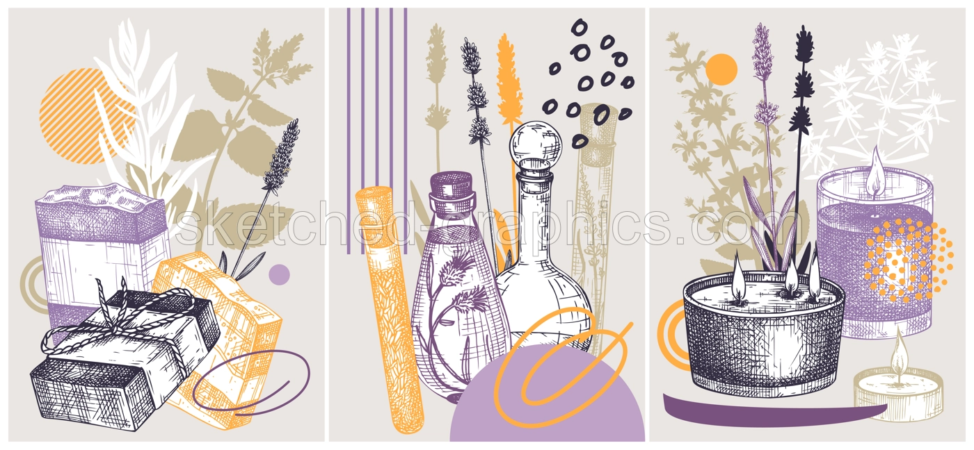 Collage-style Provence herbs poster set. Herbal plant sketch, hand drawn vector illustrations. For cosmetics packaging, perfumery labels, soap or candle making. NOT AI generated Illustration